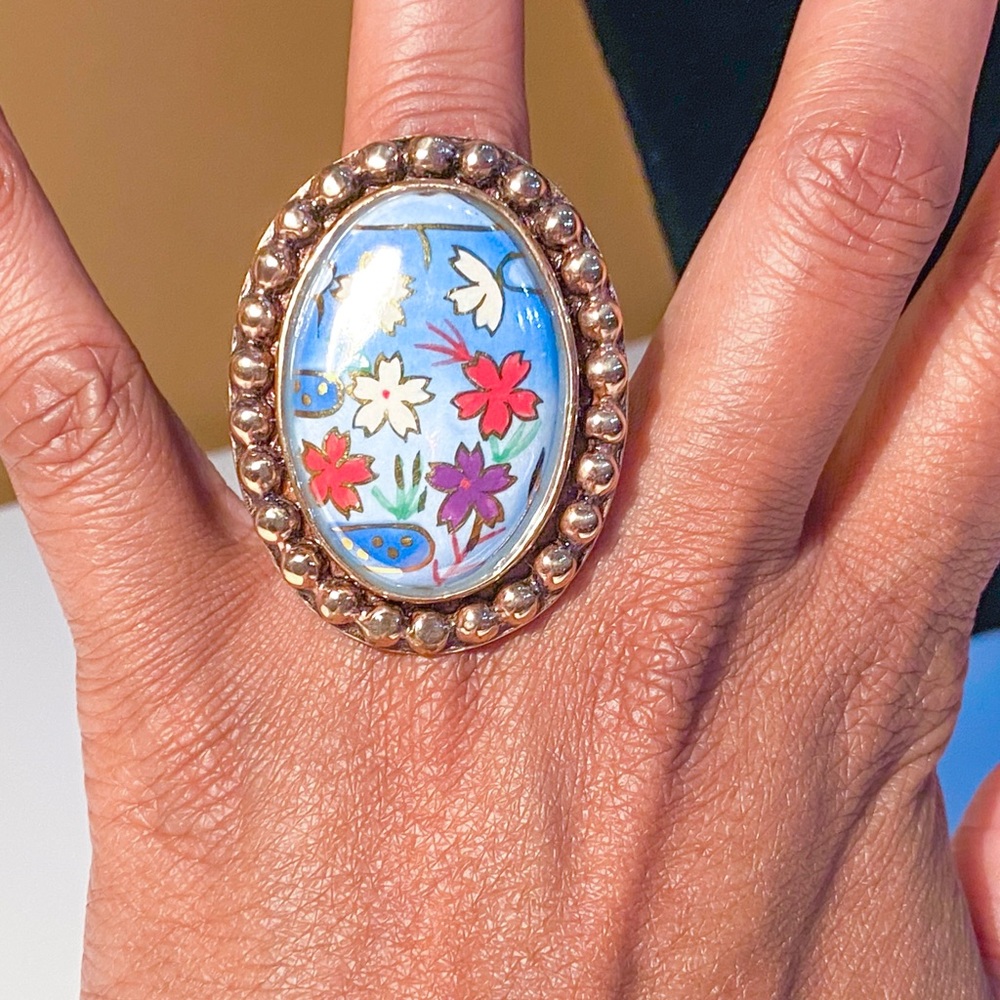 Amy Kahn Russell Bronze Ring with Hand-painted Oval Floral Center, Oversized - Picture 7 of 15